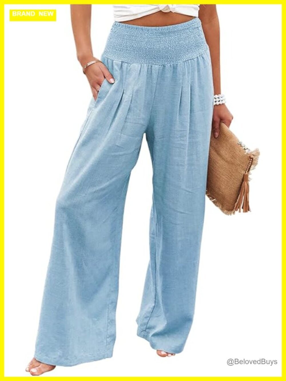 Smocked High Waisted Linen Wide Leg Pants with Pockets Palazzo